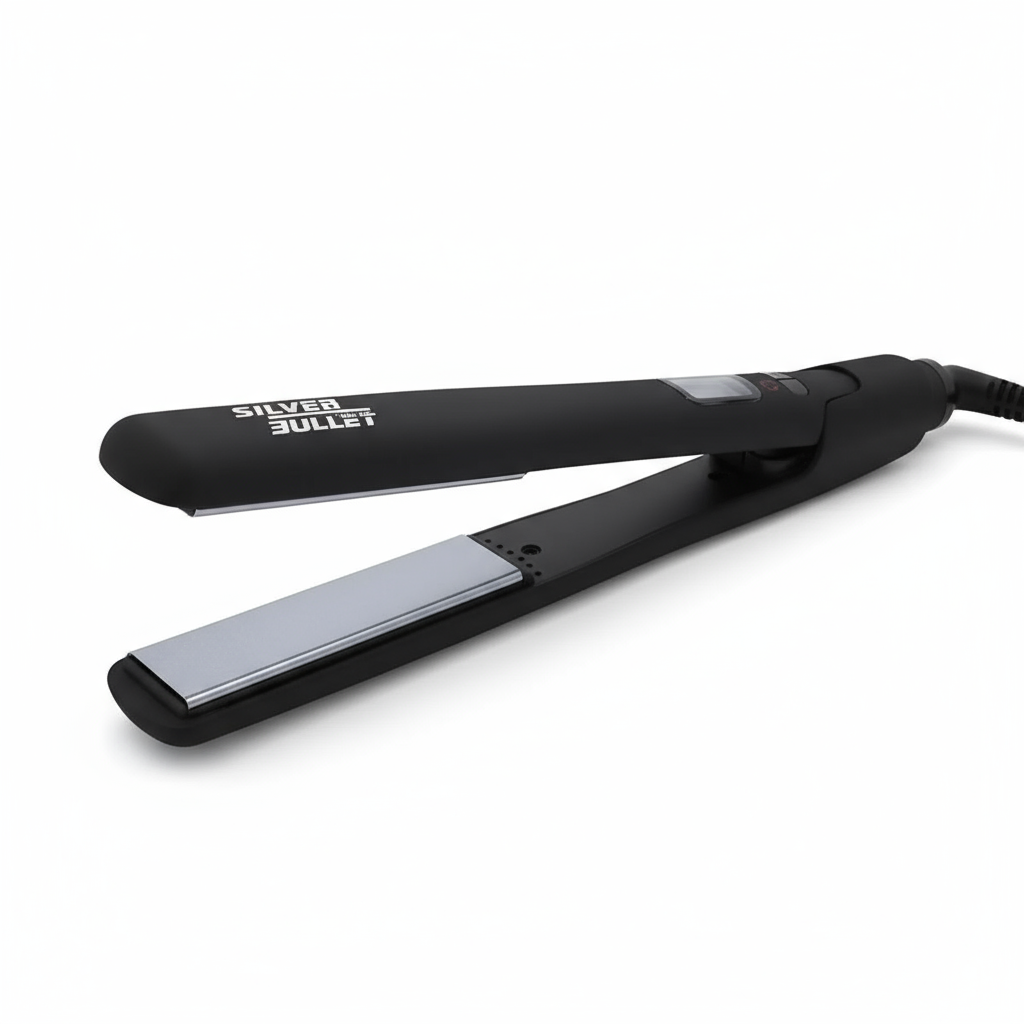 Silver Bullet Lightning Titanium Straightener flat iron styling aid in black with smooth titanium plates