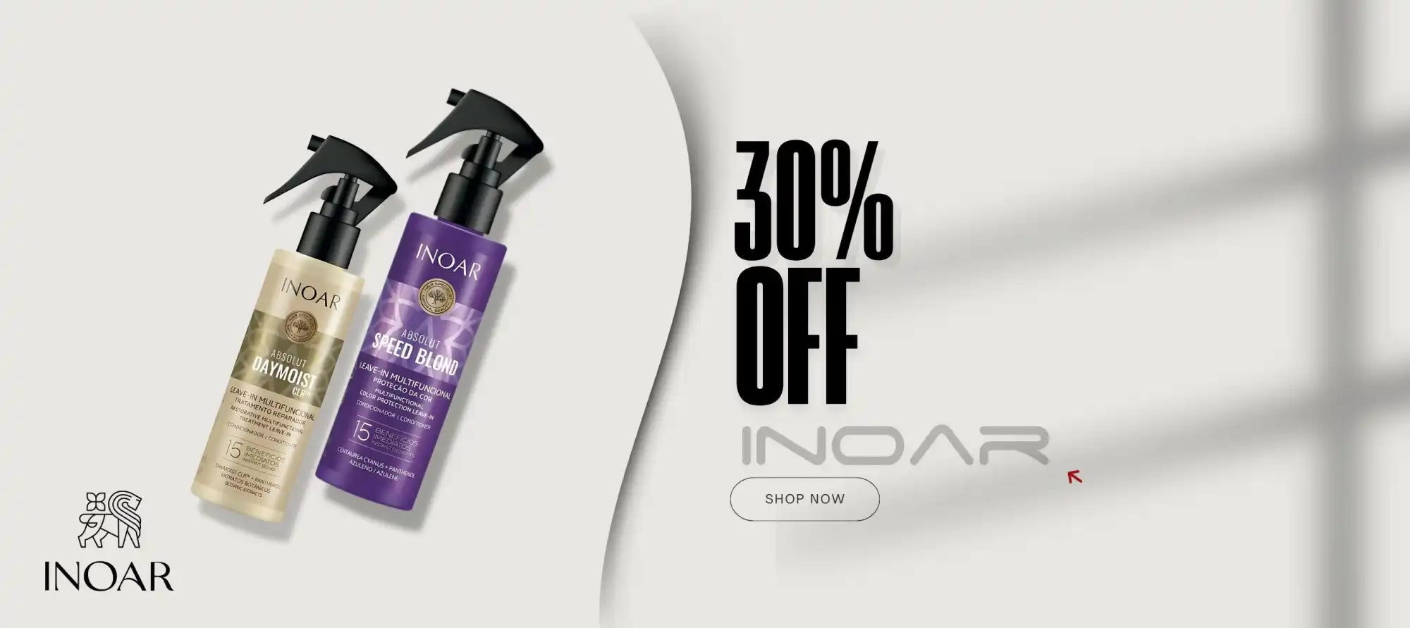  Inoar sale banner. Get 30% off Daymoist CLR and Speed Blond leave-in conditioners. Shop today's deals!