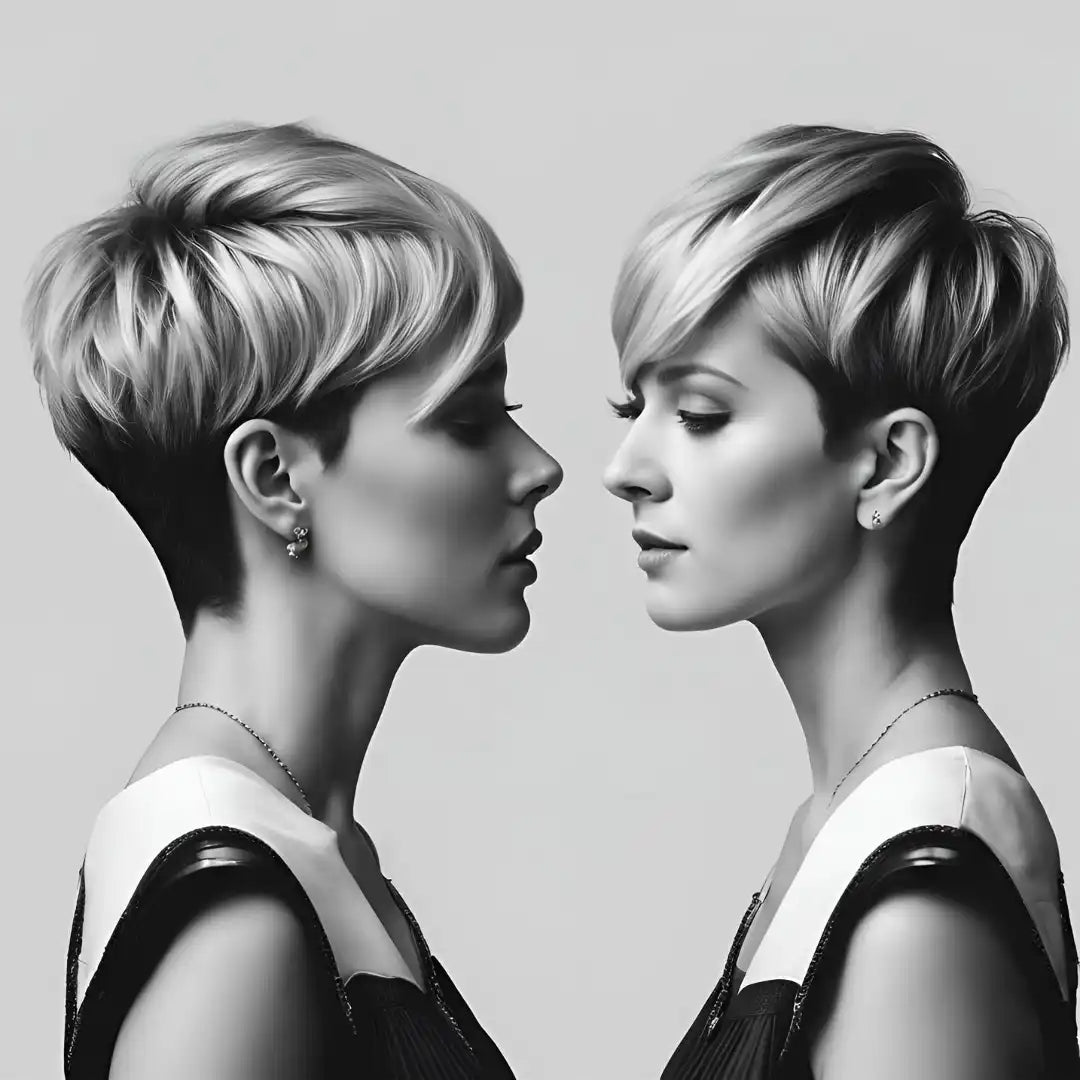 Two identical women with short pixie haircuts facing each other in profile.