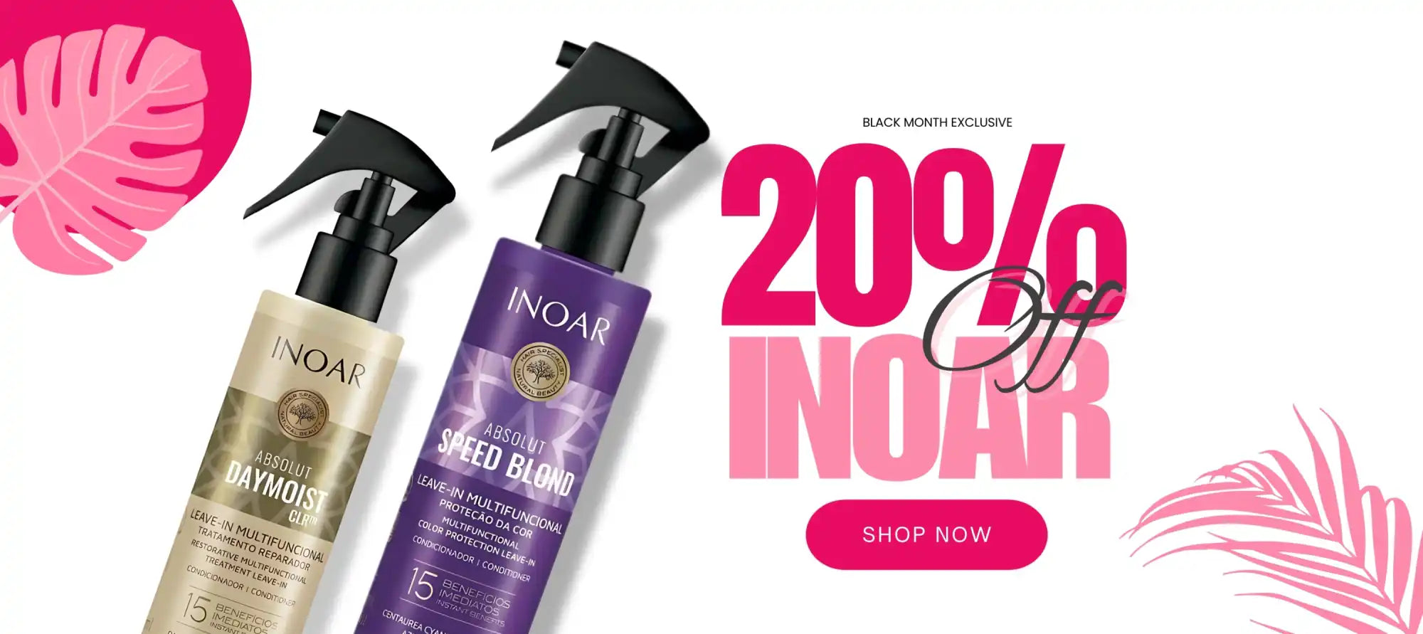 Two Inoar hair product bottles in gold and purple with a pink promotional 20% off banner.