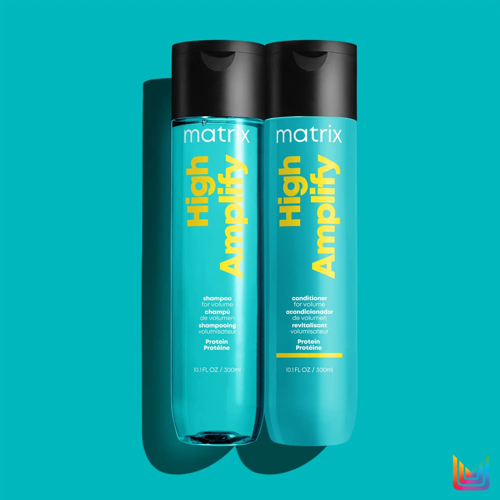 Two teal bottles of Matrix High Amplify shampoo and conditioner.