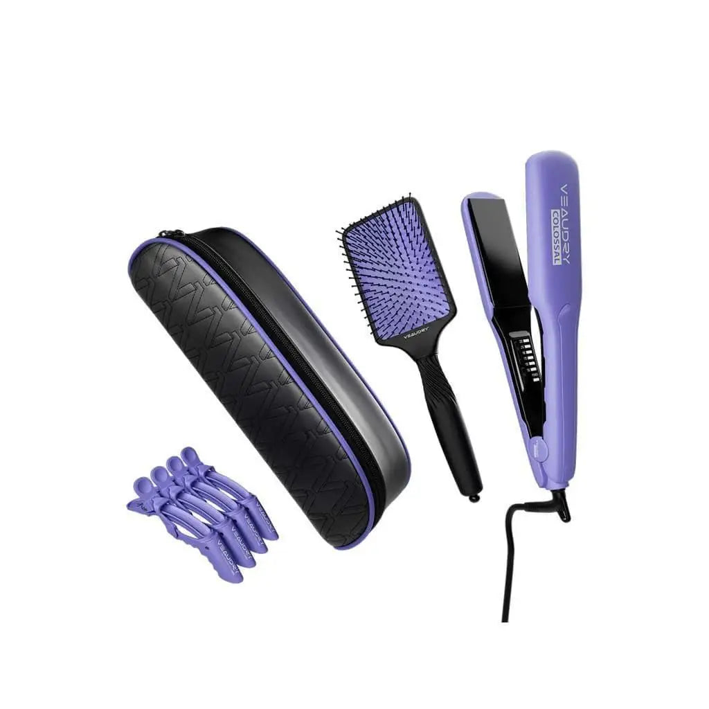 Veaudry Periwinkle Colossal Hair Straightener Set: Paddle Brush & Clips. Limited Edition for Perfect Hair Styling!