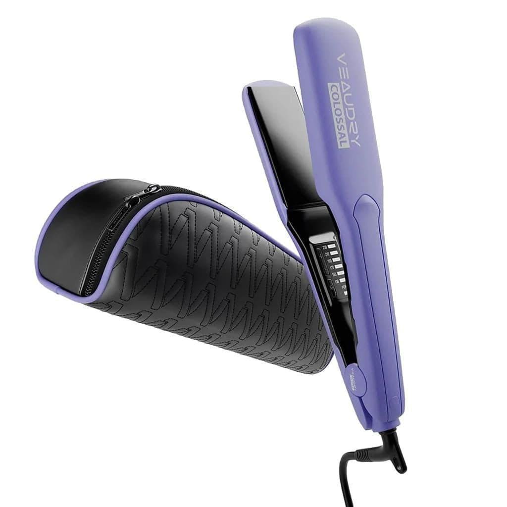 Veaudry Periwinkle Colossal hair straightener with black carrying case and free paddle brush