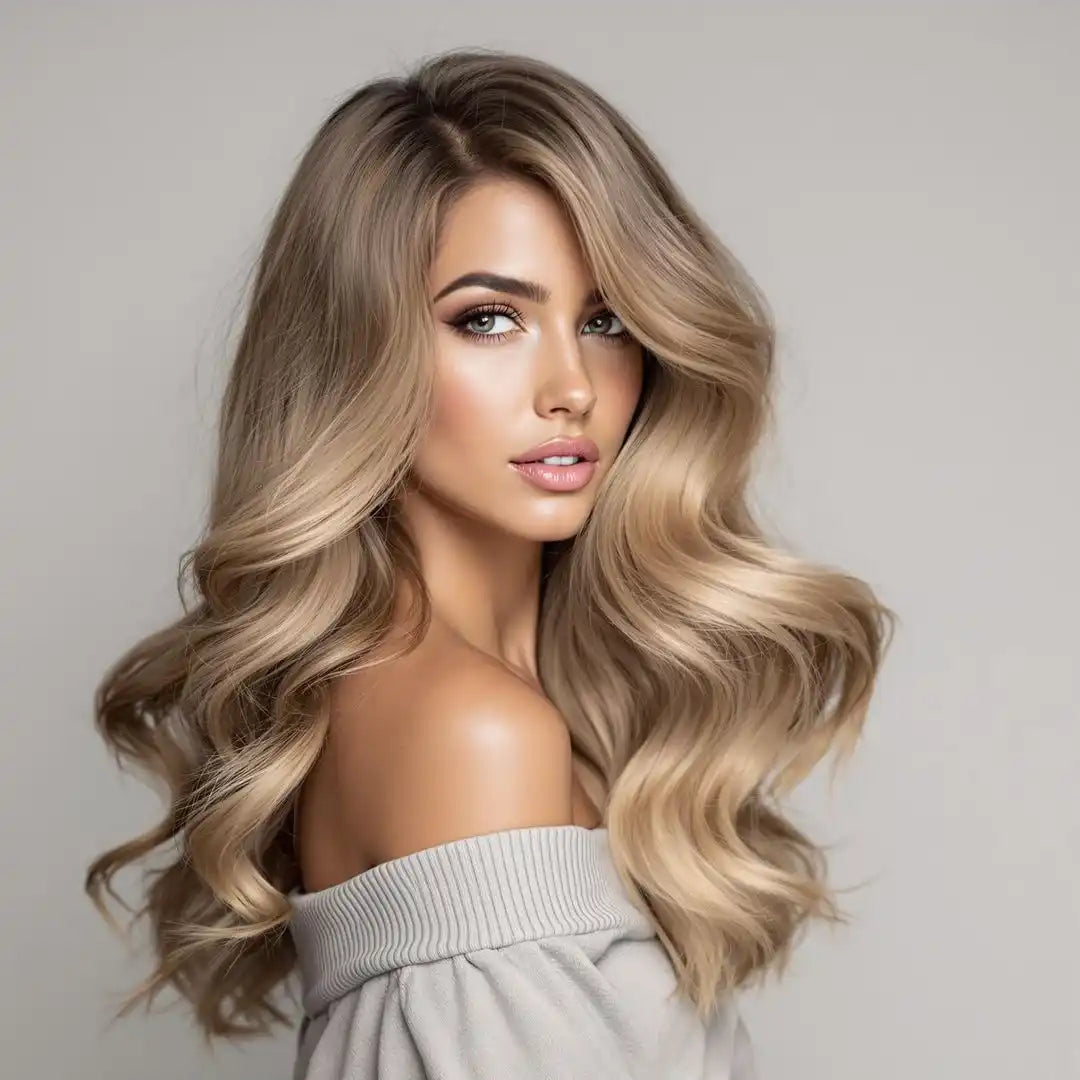 Wavy blonde hair styled in glamorous, voluminous curls.