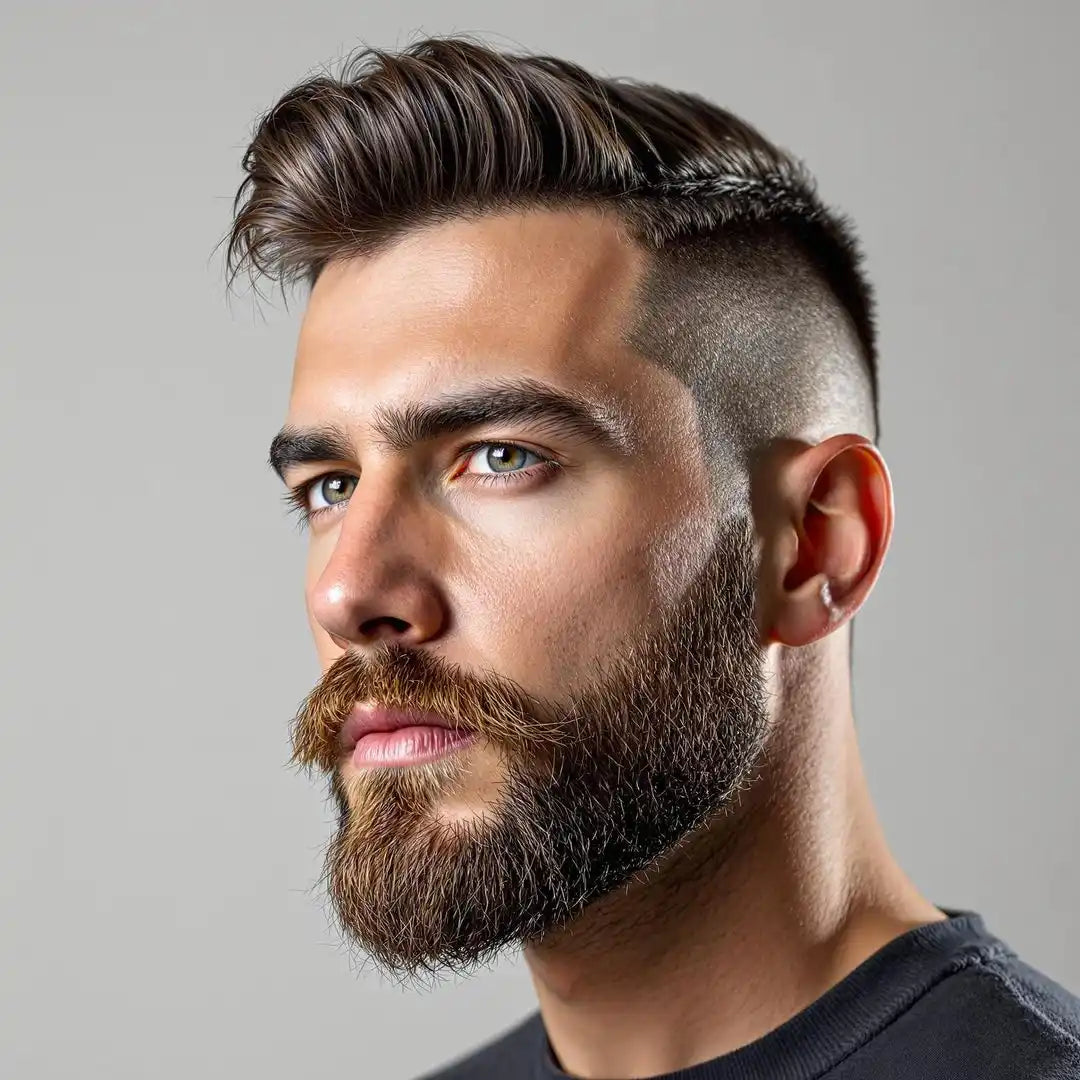 Well-groomed beard and fade haircut with styled top portion.