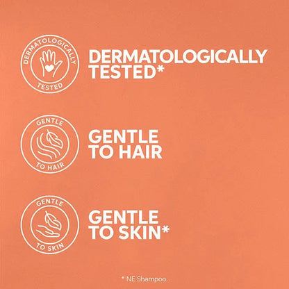 Infographic displaying three product claims: dermatologically tested, gentle to hair, and gentle to skin.