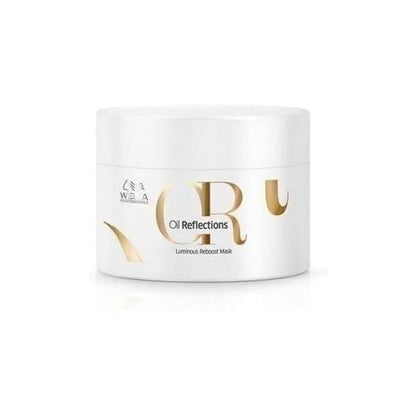 White jar of Wella Oil Reflection Mask with gold label, 150ml, for luminous hair care - partnershairdesign