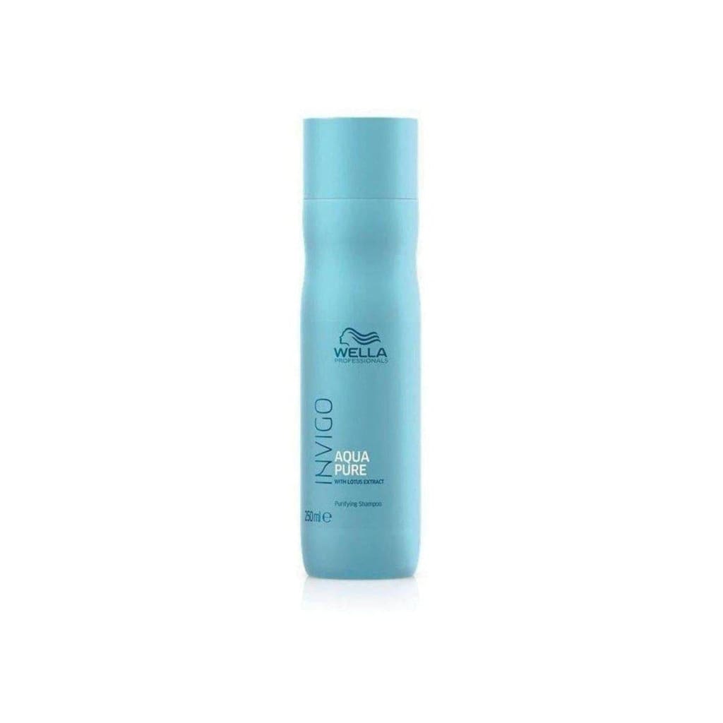 Light blue cylindrical Wella Invigo Balance Aqua Pure Purifying Shampoo bottle - 250ml - partnershairdesign