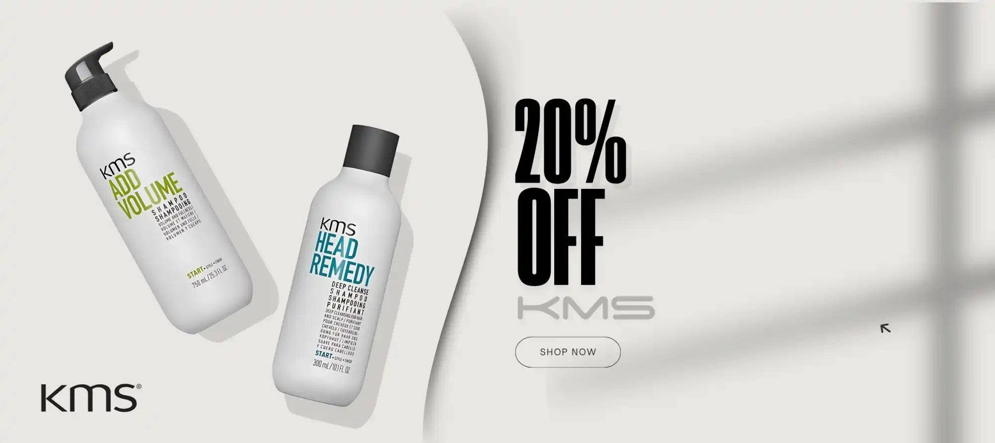 KMS Hair Add Volume and Head Remedy shampoos sale banner.  Save 30% on KMS hair care products. Shop now.