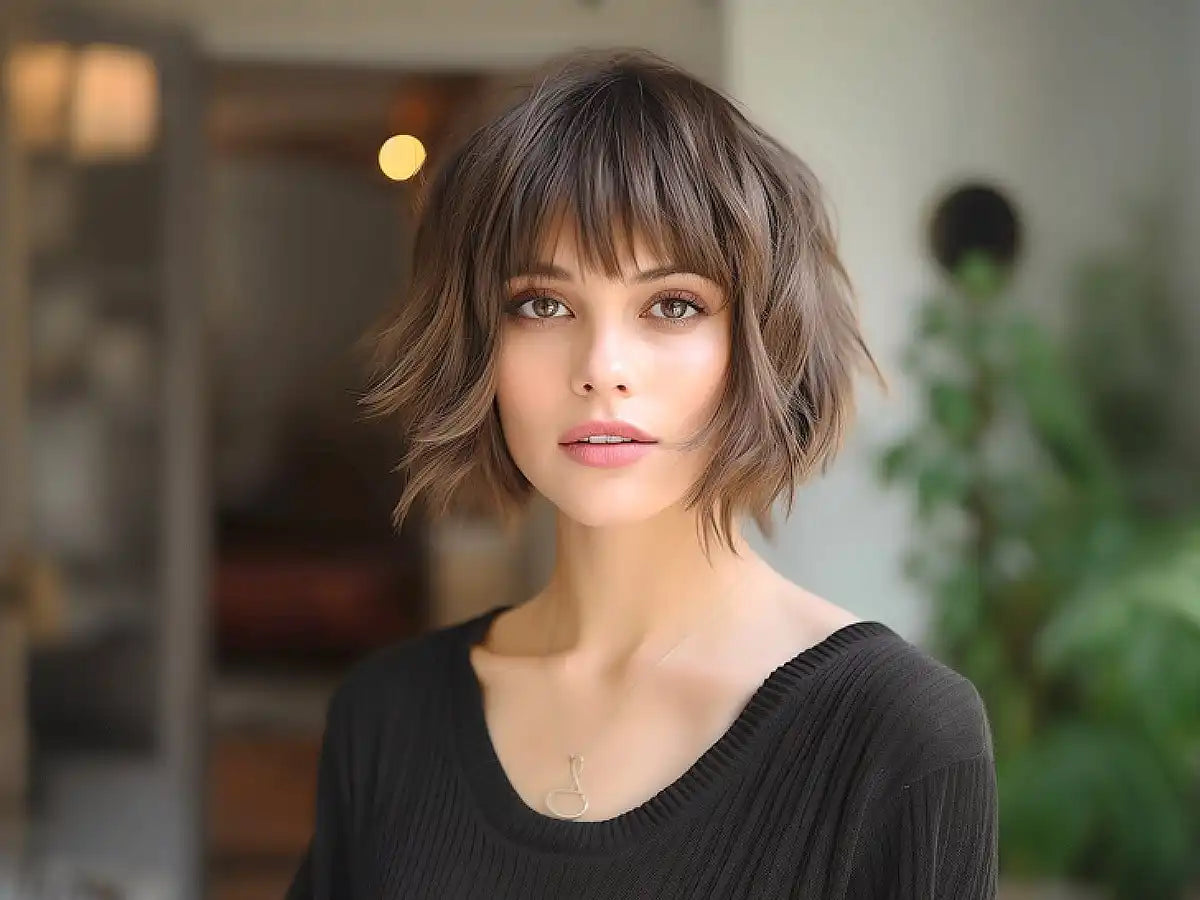 Woman with short wavy hair and bangs wearing a black top.