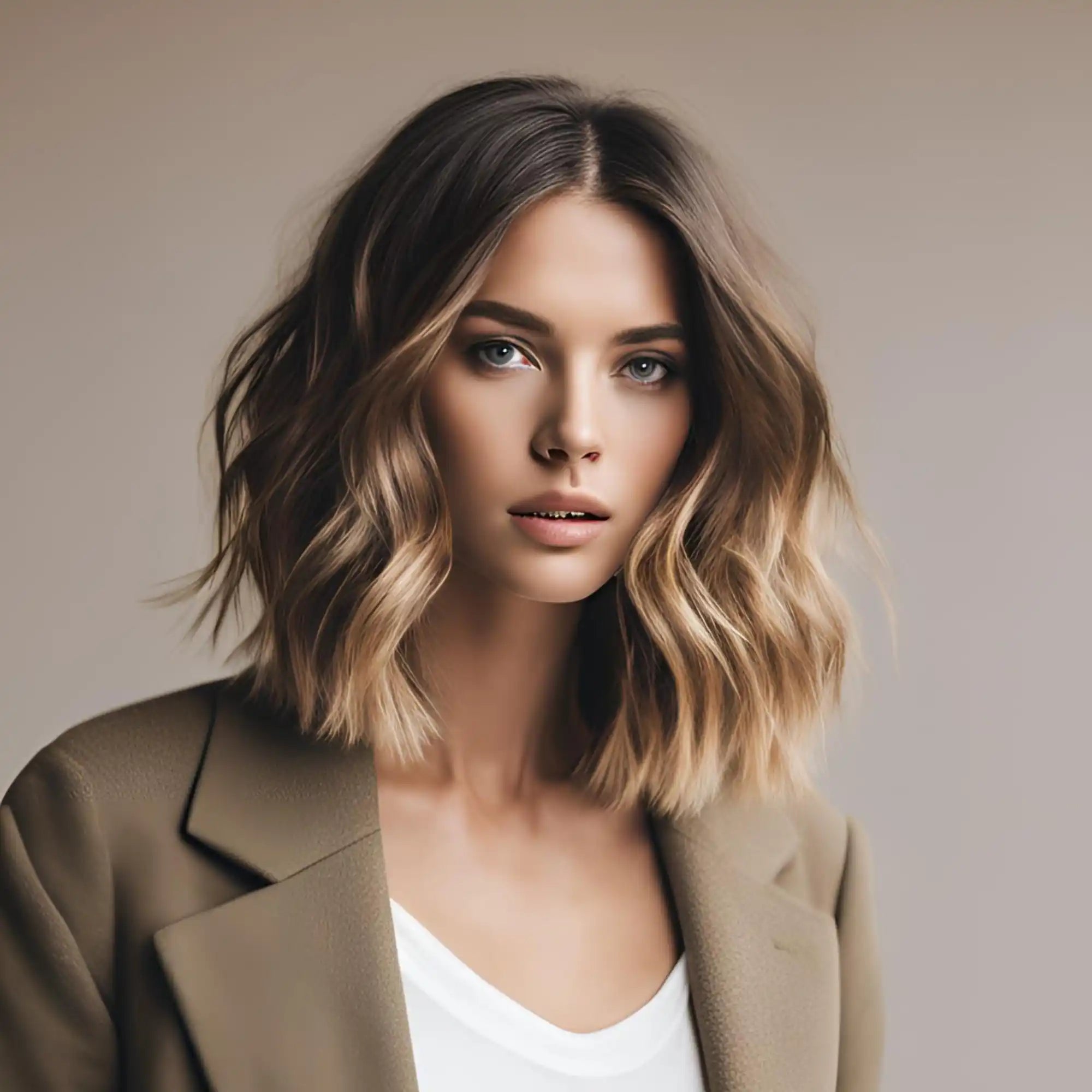 Woman with shoulder-length wavy ombre hair wearing a tan blazer and white top.