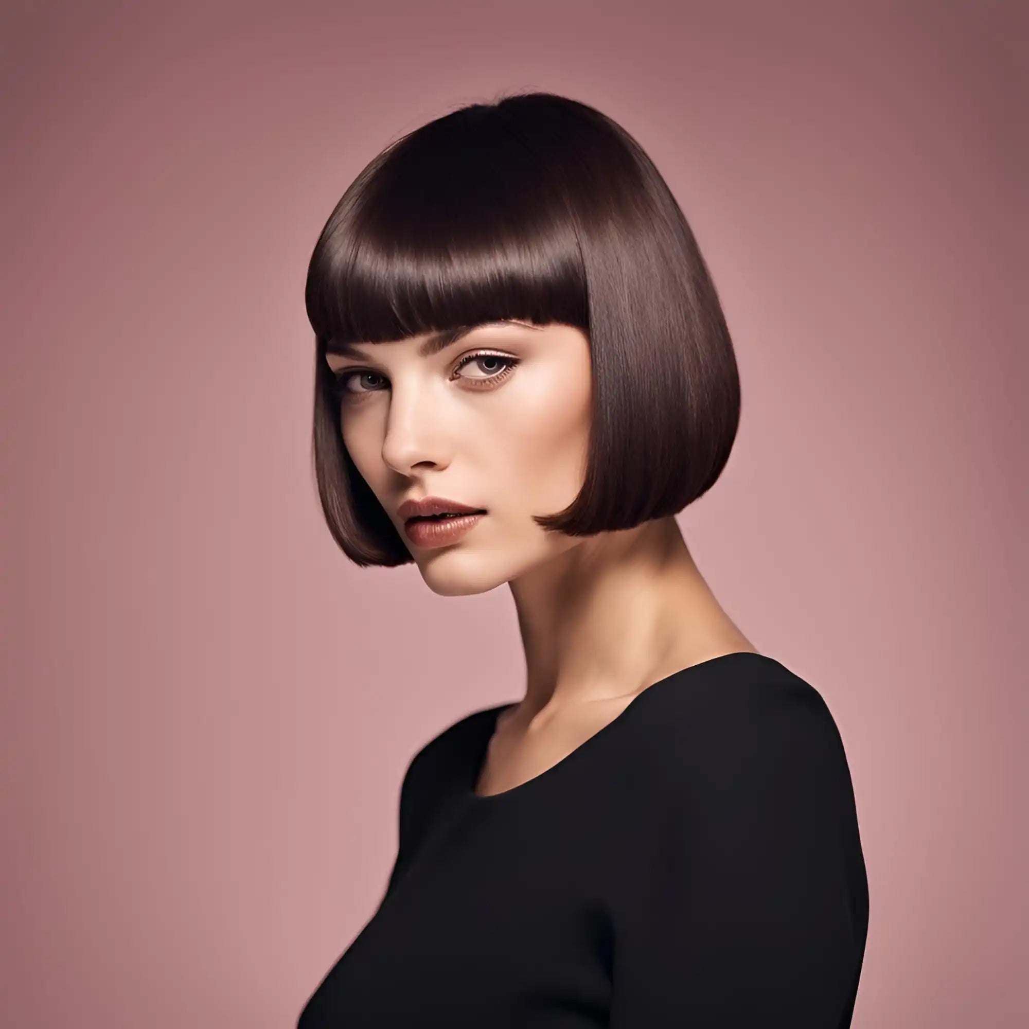 Woman with a sleek, dark bob hairstyle and bangs.