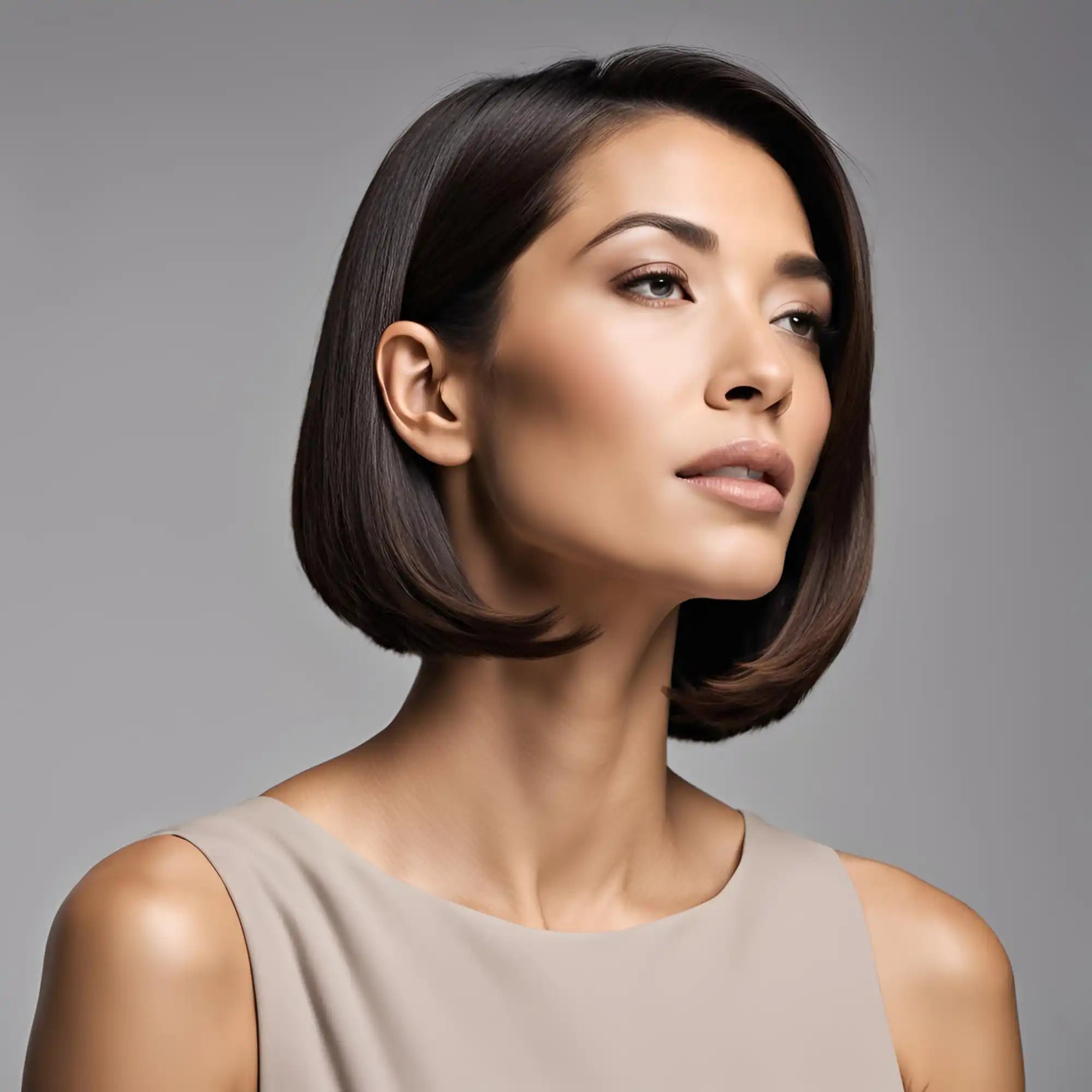 Woman with sleek, shoulder-length dark hair and flawless makeup in a neutral-toned sleeveless top.